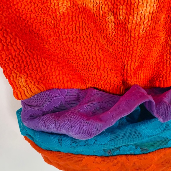 RARE! 1980's LIZA BRUCE Vintage Bathing Suit TIE-DYED LACE PULL DOWN SKIRT NEON - Picture 7 of 12